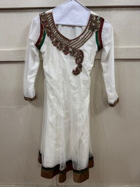 White Embellished Girls' Dress with Red & Green Accents